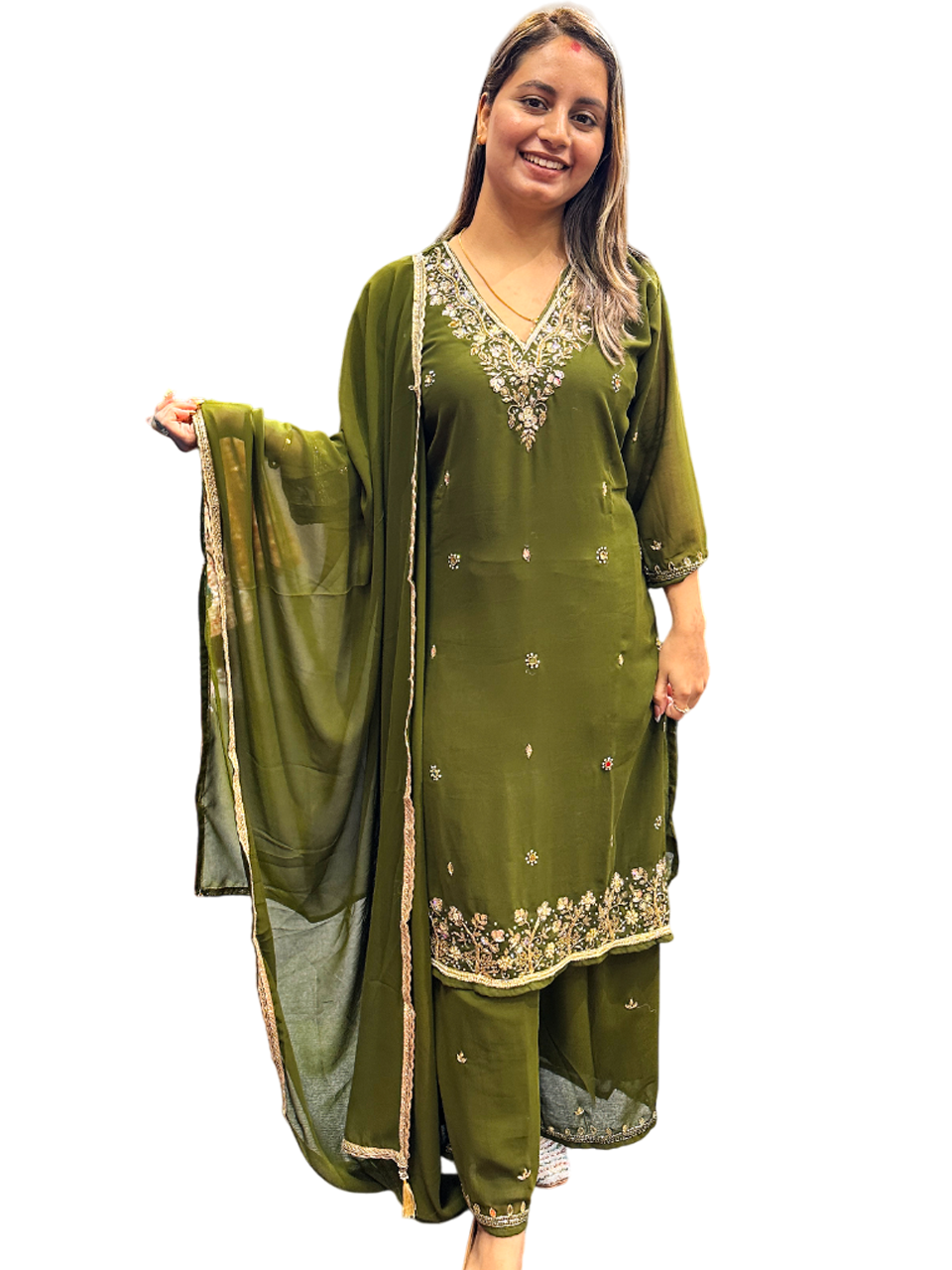 Party Wear Hand Work Kurta Suit Green